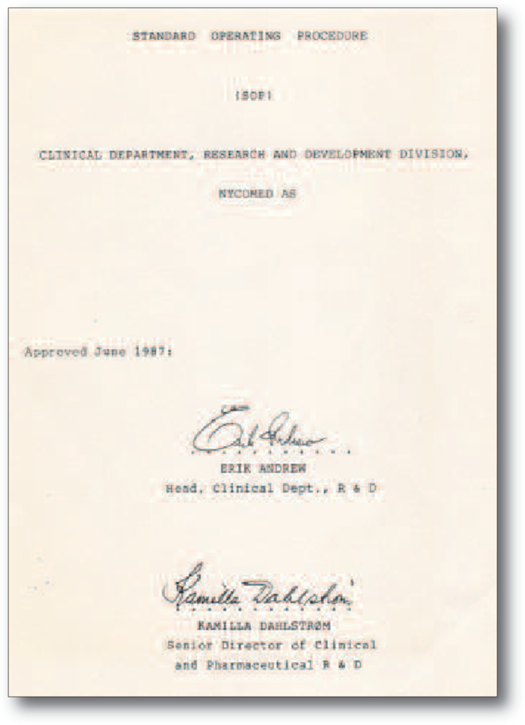 I tråd med voksende eksterne og interne krav til kvalitetssikring av den kliniske forskningsprosessen innførte Nycomed Imaging Standard Operasjonssystemer (SOPs) fra midt på 80-tallet. Denne godkjente SOPen fra 1987 var på 30 sider.