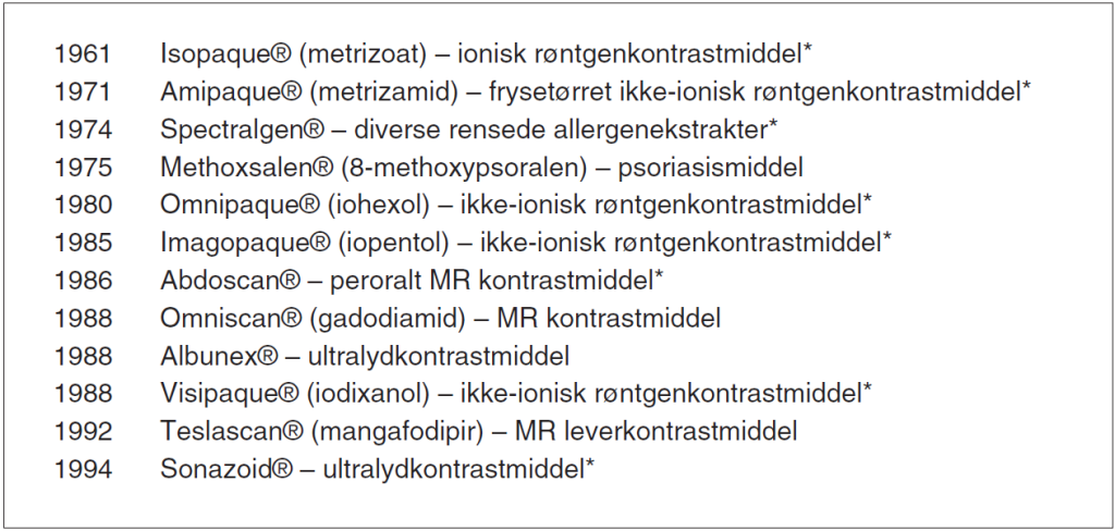 Tabell 1. Originale legemidler der Klinisk avdeling/FoU, Oslo har hatt ansvaret for den internasjonale kliniske registreringsdokumentasjonen. Startår for de kliniske utprøvningene i Europa. Stjerne * innebærer at patentet skriver seg fra egen forskning i Oslo.