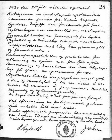 Apotekvisitator J. H. Siebkes rapport i Nordstjernens visitasjonsprotokoll fra 1931. Originalen befinner seg på Folkemuseets bibliotek.