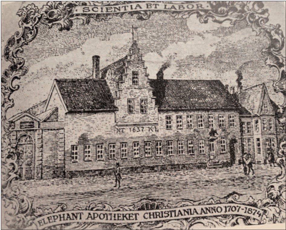 Elephantapotheket i Tollbugata 12 (1707–1874).
Foto fra Flood I og Brendel L: Norges Apotek og deres innehavere (1954) bind III.