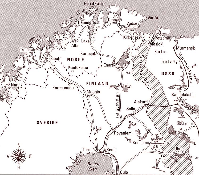 Figur 1. Øst-Finnmark og deler av Finland og Russland. Skravert område ble avstått ved våpenstillstandsavtalen mellom Sovjet og Finland i september 1944.