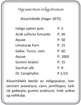 Figur 4 Oppskrift på alizarinblekk (14). Blekket inneholdt opprinnelig små mengder alizarin, derav navnet.
