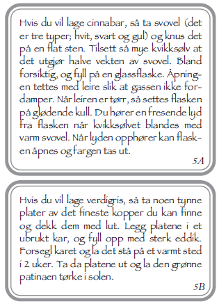 Figur 5 Fargeoppskrifter fra middelalderen på cinnabar (vermillion) (5A) og verdegris (5B) (1).