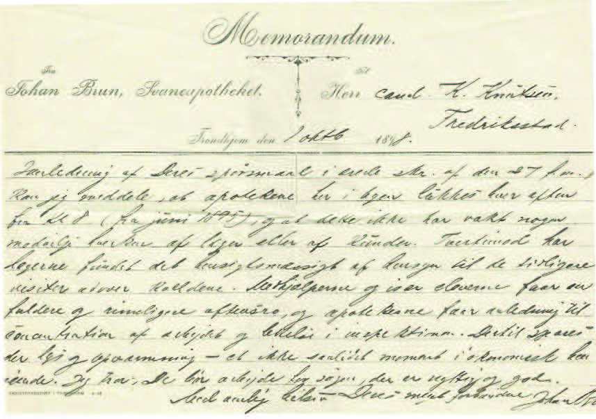 Memorandum fra Johan Brun, Trondheim, til K. Knutsen, Fredrikstad.