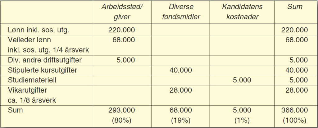 Tabell 13 Stipulerte kostnader ved utdanningen