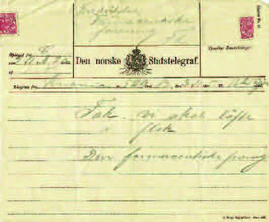 Takketelegram i forbindelse med stiftelsesdagen for Kristiania-foreningen.