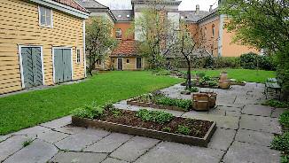 Tidleg vår (april -15) i St. Jørgens Hospitals urtehage. Foto: Bjarne Thune.