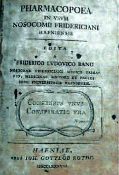 Titelblad fra sykehusfarmakopeen til Frederiks Hospital. København 1788. Boken tilhører Norsk Folkemuseum.